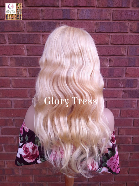 24" Wavy Blonde Lace Front Wig Human Hair Wig 100% Brazilian Remy Wig 613 Platinum Blonde Lace Part Wig - DIVINE