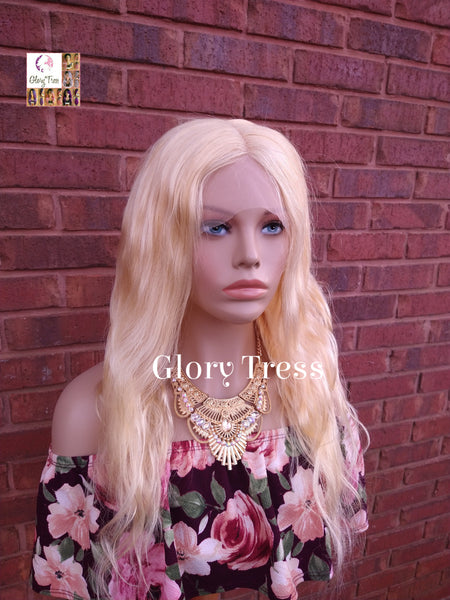 24" Wavy Blonde Lace Front Wig Human Hair Wig 100% Brazilian Remy Wig 613 Platinum Blonde Lace Part Wig - DIVINE