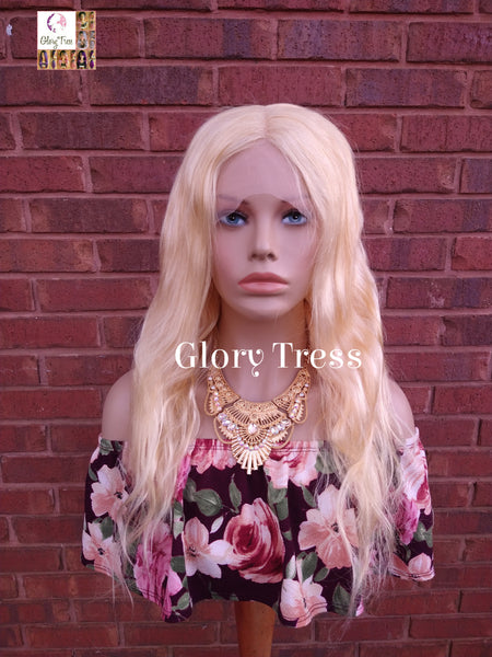 24" Wavy Blonde Lace Front Wig Human Hair Wig 100% Brazilian Remy Wig 613 Platinum Blonde Lace Part Wig - DIVINE