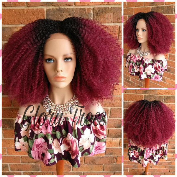 ON SALE // Kinky Curly Lace Front Wig, Big Curly Afro Wig, Ombre Burgundy Wig //GRAND - Glory Tress