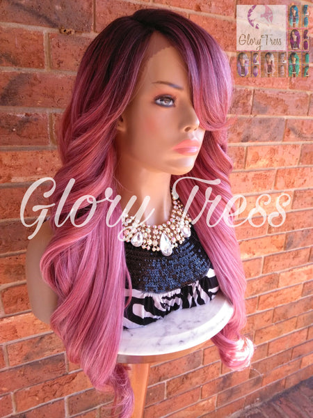 Long & Curly Lace Front Wig, Glory Tress, Ombre Pink Wig, Dark Rooted Bombshell Wig // SALVATION