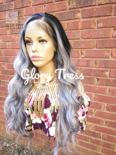 24" Wavy Lace Front Wig Human Hair Blend Wig Ombre Silver Gray Wig Glory Tress 13 x 6 Free Parting - KNOWLEDGE