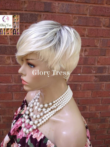 Short Razor Cut Full Wig, Pixie Cut Hairstyle, 100%  Human Hair Wig, Ombre 613 Blonde // LILY