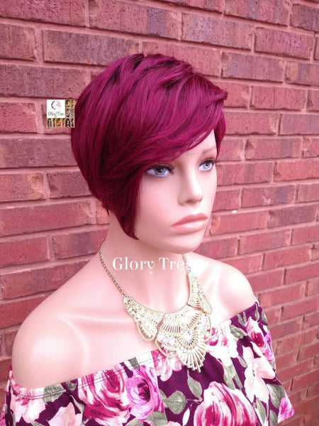 Short Razor Cut Full Wig With Side Bangs, Pixie Cut, 100% Human Hair Wig, Ombre Burgundy Wig, African American Wig, ON SALE //ADORE