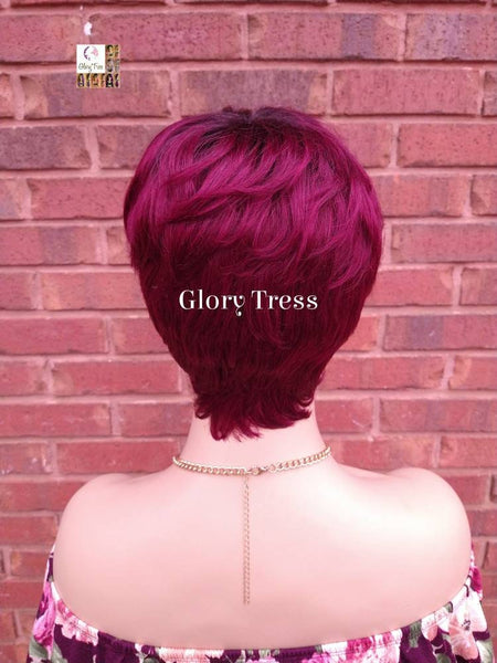 Short Razor Cut Full Wig With Side Bangs, Pixie Cut, 100% Human Hair Wig, Ombre Burgundy Wig, African American Wig, ON SALE //ADORE