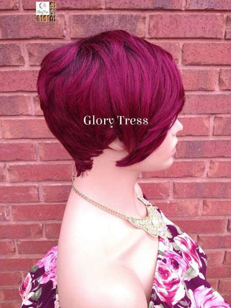 Short Razor Cut Full Wig With Side Bangs, Pixie Cut, 100% Human Hair Wig, Ombre Burgundy Wig, African American Wig, ON SALE //ADORE