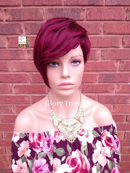 Short Razor Cut Full Wig With Side Bangs, Pixie Cut, 100% Human Hair Wig, Ombre Burgundy Wig, African American Wig, ON SALE //ADORE