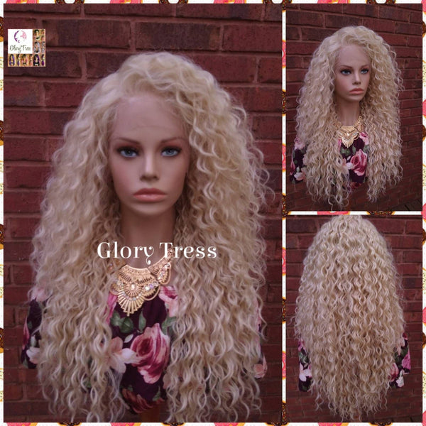 Curly Lace Front Wig, Human Hair Blend, 13X6 Free Parting, HD Lace Frontal, Glory Tress, 613 Platinum Blonde Wig // JOY