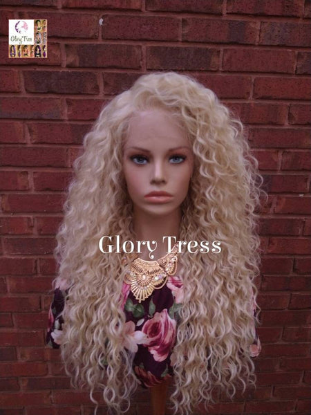 Curly Lace Front Wig, Human Hair Blend, 13X6 Free Parting, HD Lace Frontal, Glory Tress, 613 Platinum Blonde Wig // JOY
