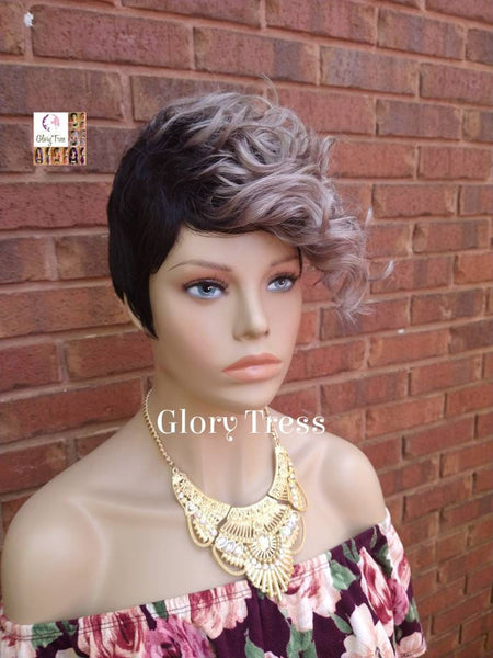 CLEARANCE// Short Razor Cut Full Wig, Pixie Cut Hairstyle, 100%  Human Hair Wig, Ombre Silver Gray, Glory Tress, Wavy Wig // VICTORY