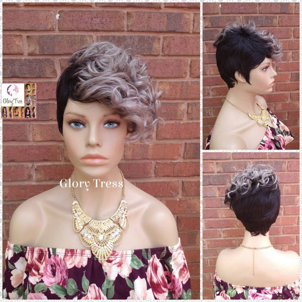 CLEARANCE// Short Razor Cut Full Wig, Pixie Cut Hairstyle, 100%  Human Hair Wig, Ombre Silver Gray, Glory Tress, Wavy Wig // VICTORY