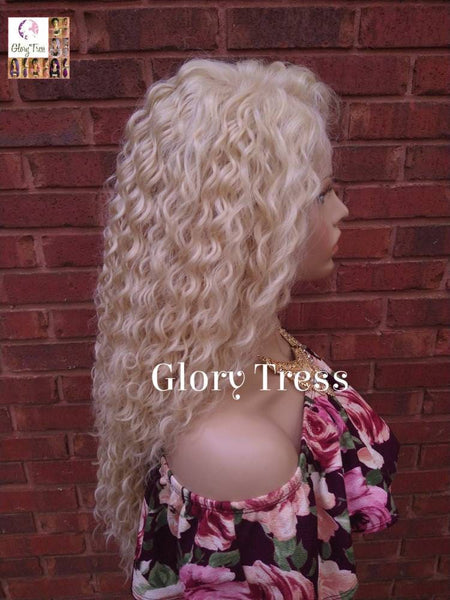 Curly Lace Front Wig, Human Hair Blend, 13X6 Free Parting, HD Lace Frontal, Glory Tress, 613 Platinum Blonde Wig // JOY