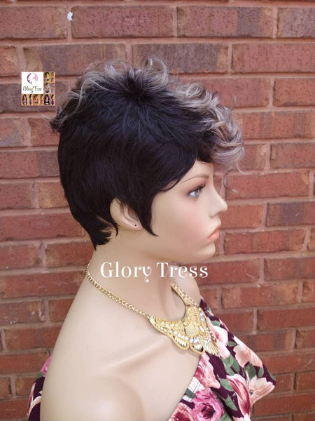 CLEARANCE// Short Razor Cut Full Wig, Pixie Cut Hairstyle, 100%  Human Hair Wig, Ombre Silver Gray, Glory Tress, Wavy Wig // VICTORY