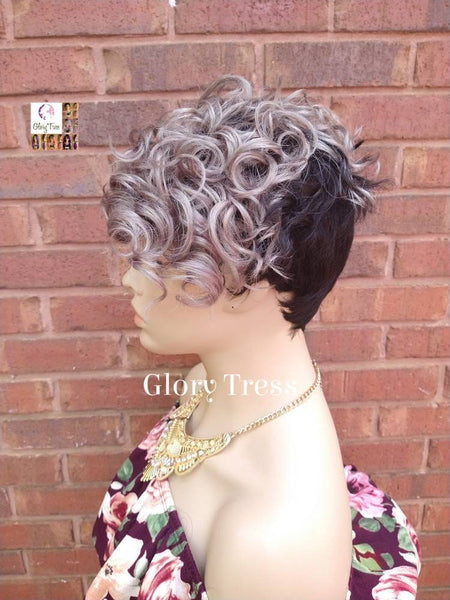 CLEARANCE// Short Razor Cut Full Wig, Pixie Cut Hairstyle, 100%  Human Hair Wig, Ombre Silver Gray, Glory Tress, Wavy Wig // VICTORY