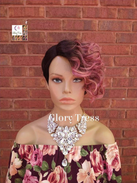 Short Razor Cut Full Wig, Pixie Cut Hairstyle With Long Side Bangs, Ombre Pink Wig, Glory Tress, Lace Side Part //REVIVE