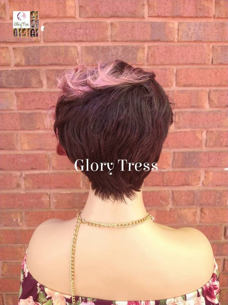 Short Razor Cut Full Wig, Pixie Cut Hairstyle With Long Side Bangs, Ombre Pink Wig, Glory Tress, Lace Side Part //REVIVE