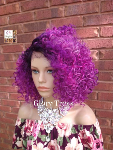 Lace Front Wig, Kinky Curly Wig, Curly Afro Wig, Ombre Pink Wig, Purple Wig,  Glory Tress, African American Wig, Ready To Ship // LIBERTY