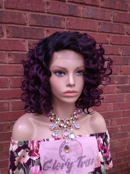 Curly Lace Front Bob Wig | Ombre Purple Dark Rooted Wig | Glory Tress Wigs | African American Wigs | Halloween Wig PEACE