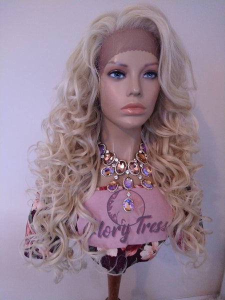 Blonde Curly Lace Front Wig 613 Platinum Blonde Human Blend Wigs For Women 13x6 Free Parting Wig, Alopecia Chemo Wigs Glory Tress - LUXURY