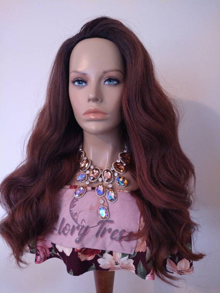 Ombre Dark Auburn Half Wig Wavy Wigs For Women Synthetic Heat safe Wig Yaki African American Wig Alopecia Chemo Wig Glory Tress - ADMIRE