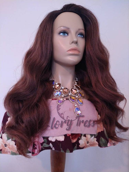 Ombre Dark Auburn Half Wig Wavy Wigs For Women Synthetic Heat safe Wig Yaki African American Wig Alopecia Chemo Wig Glory Tress - ADMIRE