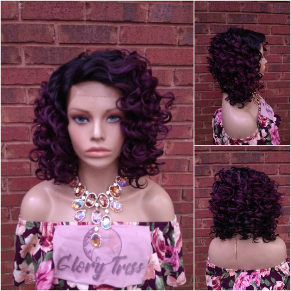 Curly Lace Front Bob Wig | Ombre Purple Dark Rooted Wig | Glory Tress Wigs | African American Wigs | Halloween Wig PEACE