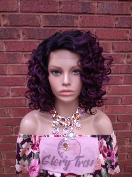 Curly Lace Front Bob Wig | Ombre Purple Dark Rooted Wig | Glory Tress Wigs | African American Wigs | Halloween Wig PEACE
