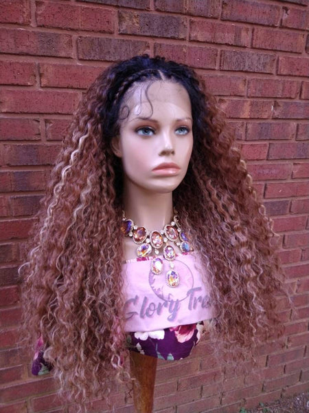 Braided Curly Lace Front Wig Ombre Blonde HD Lace Human Hair Blend Wig African American Wig Chemo Alopecia Wigs Glory Tress -TRIBAL PRINCESS