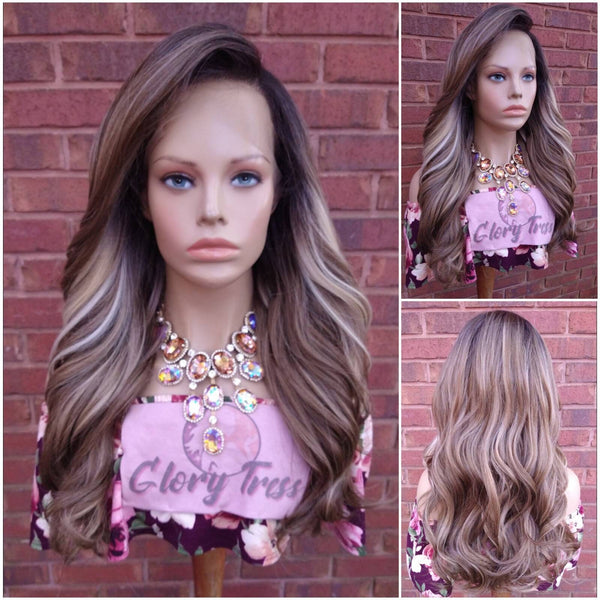 26" Curly Lace Front Wig Pre-Plucked HD Lace Wig Human Hair Blend Ash Blonde Wig With Highlights 13X6 Free Parting Glory Tress - GLAMOUR