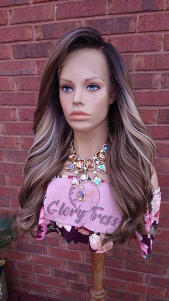 26" Curly Lace Front Wig Pre-Plucked HD Lace Wig Human Hair Blend Ash Blonde Wig With Highlights 13X6 Free Parting Glory Tress - GLAMOUR