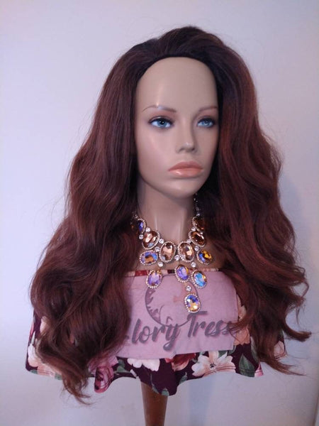 Ombre Dark Auburn Half Wig Wavy Wigs For Women Synthetic Heat safe Wig Yaki African American Wig Alopecia Chemo Wig Glory Tress - ADMIRE