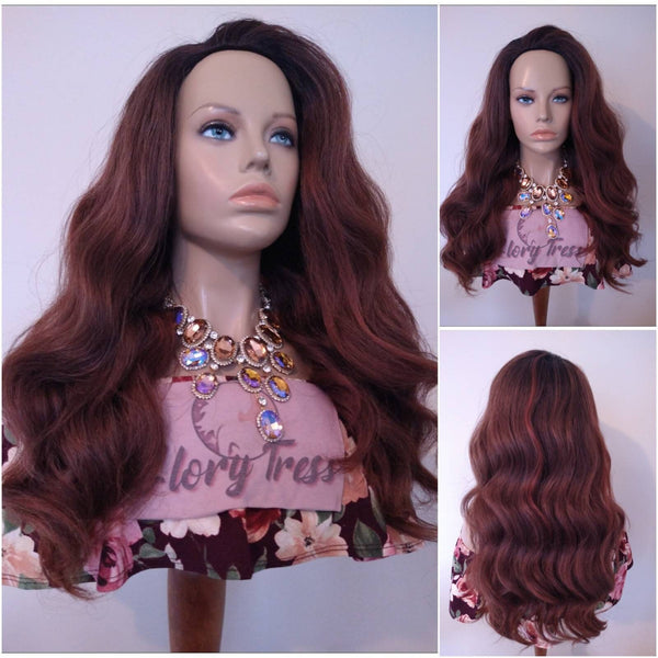 Ombre Dark Auburn Half Wig Wavy Wigs For Women Synthetic Heat safe Wig Yaki African American Wig Alopecia Chemo Wig Glory Tress - ADMIRE