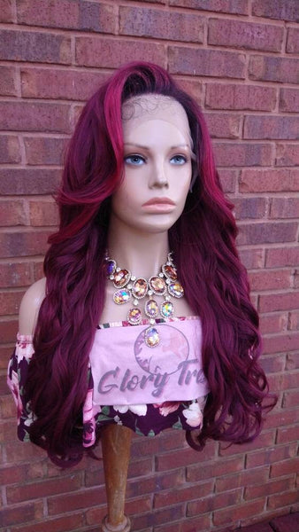 26" Curly Lace Front Wig Pre-Plucked HD Lace Wig Human Hair Blend Ombre Burgundy Wigs For Women 13X6 Free Parting Glory Tress - DESTINY