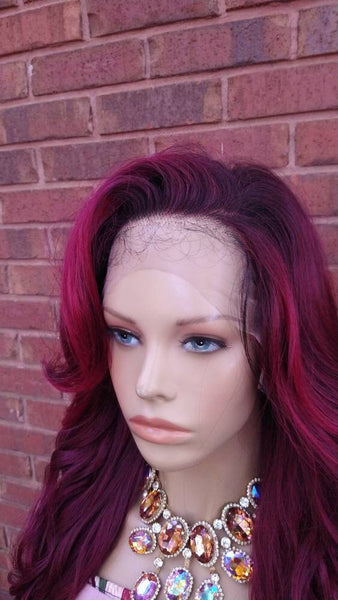 26" Curly Lace Front Wig Pre-Plucked HD Lace Wig Human Hair Blend Ombre Burgundy Wigs For Women 13X6 Free Parting Glory Tress - DESTINY