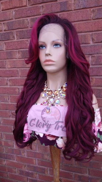 26" Curly Lace Front Wig Pre-Plucked HD Lace Wig Human Hair Blend Ombre Burgundy Wigs For Women 13X6 Free Parting Glory Tress - DESTINY