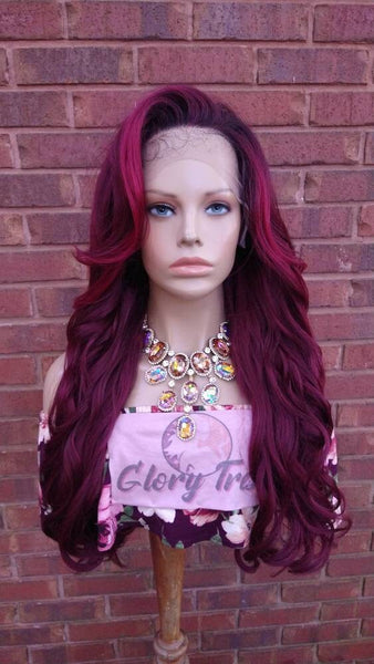26" Curly Lace Front Wig Pre-Plucked HD Lace Wig Human Hair Blend Ombre Burgundy Wigs For Women 13X6 Free Parting Glory Tress - DESTINY