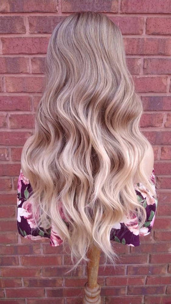 Ombre Ash Blonde Wavy Wig  Synthetic Wig With Wispy Bangs Wigs For White Women Glory Tress Wigs Alopecia Chemo Wig Heat Resistant - GLORIOUS