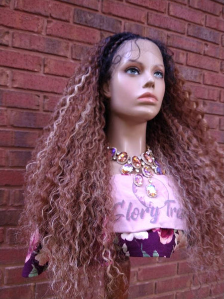 Braided Curly Lace Front Wig Ombre Blonde HD Lace Human Hair Blend Wig African American Wig Chemo Alopecia Wigs Glory Tress -TRIBAL PRINCESS