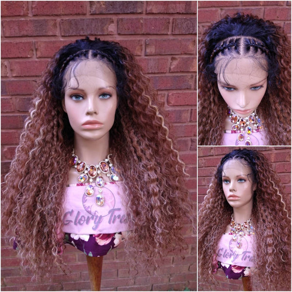 Braided Curly Lace Front Wig Ombre Blonde HD Lace Human Hair Blend Wig African American Wig Chemo Alopecia Wigs Glory Tress -TRIBAL PRINCESS