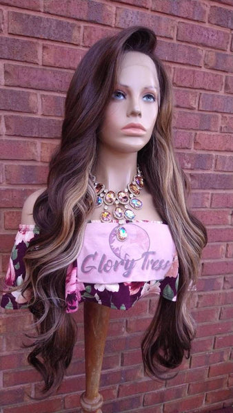 36" Wavy Lace Front Wig Pre-Plucked HD Lace Wig Human Hair Blend Brown Ash Blonde Wig With Highlights 13X6 Free Parting Glory Tress- ELEGANT