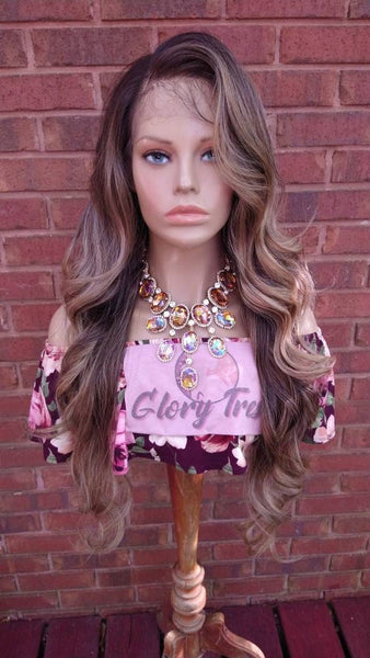 34" Wavy Lace Front Wig Pre-Plucked HD Lace Wig Human Hair Blend Brown Ash Blonde Wigs For White Women 13X4 Free Parting Glory Tress- LOVELY