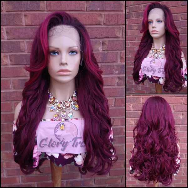 26" Curly Lace Front Wig Pre-Plucked HD Lace Wig Human Hair Blend Ombre Burgundy Wigs For Women 13X6 Free Parting Glory Tress - DESTINY