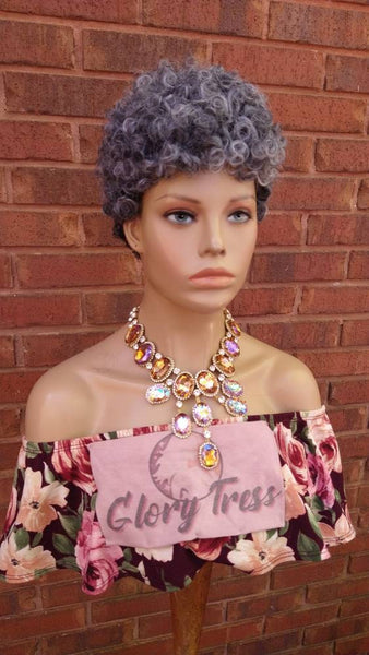 Kinky Curly Gray Wig Curly Full Wig With Short Bangs Ombre Silver Gray Wig  Afro Wig African American Wig Glory Tress // STERLING QUEEN