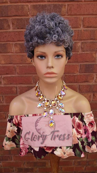 Kinky Curly Gray Wig Curly Full Wig With Short Bangs Ombre Silver Gray Wig  Afro Wig African American Wig Glory Tress // STERLING QUEEN