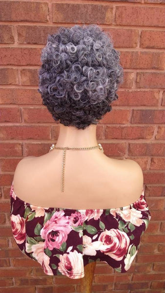 Kinky Curly Gray Wig Curly Full Wig With Short Bangs Ombre Silver Gray Wig  Afro Wig African American Wig Glory Tress // STERLING QUEEN