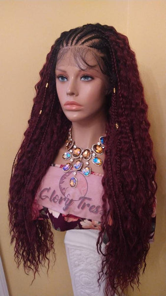 Curly Lace Front Wig Ombre Burgundy Hand-Braided Wig Fulani Tribal Braided African American Wig 13x4 Free Parting Glory Tress - SHEBA