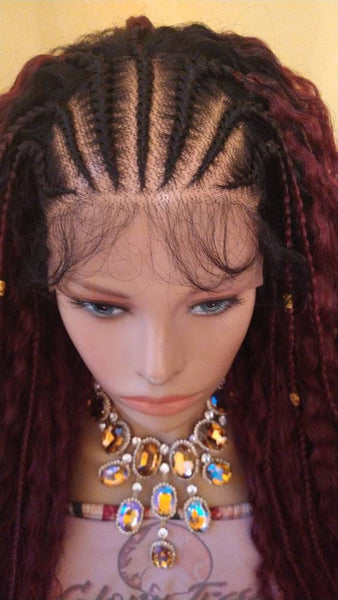Curly Lace Front Wig Ombre Burgundy Hand-Braided Wig Fulani Tribal Braided African American Wig 13x4 Free Parting Glory Tress - SHEBA