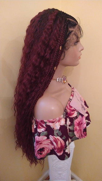 Curly Lace Front Wig Ombre Burgundy Hand-Braided Wig Fulani Tribal Braided African American Wig 13x4 Free Parting Glory Tress - SHEBA