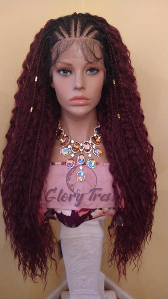 Curly Lace Front Wig Ombre Burgundy Hand-Braided Wig Fulani Tribal