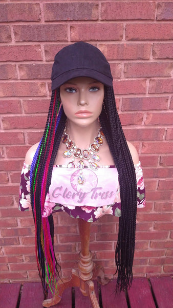 Braided Hat Wig, 35" Long Rainbow Box Braids, Throw On An Go Wig, Black Braided Wig, African American Hairstyle //JUSTICE